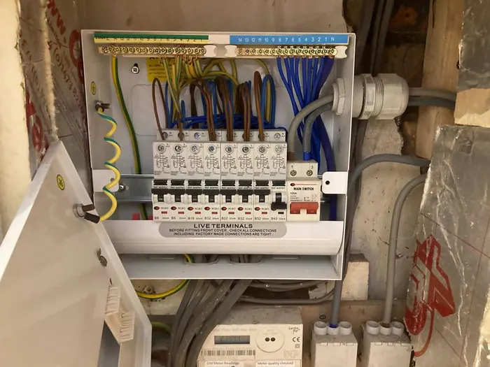 Consumer unit and wiring installed during a house rewire in Bristol