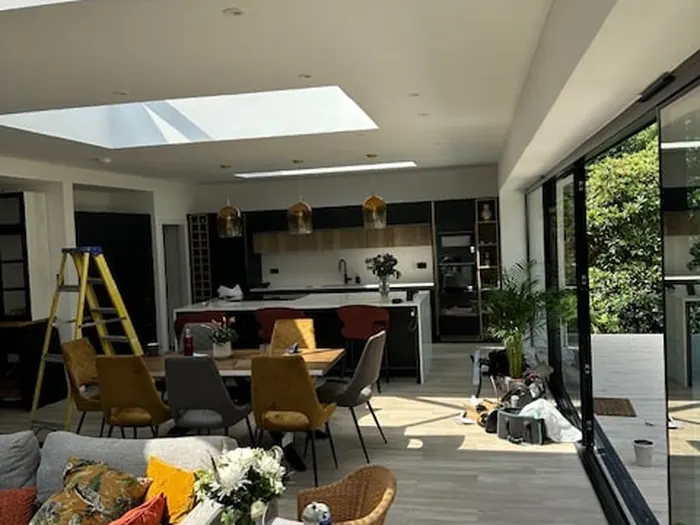 Downlights and skylights in a finished open-plan extension
